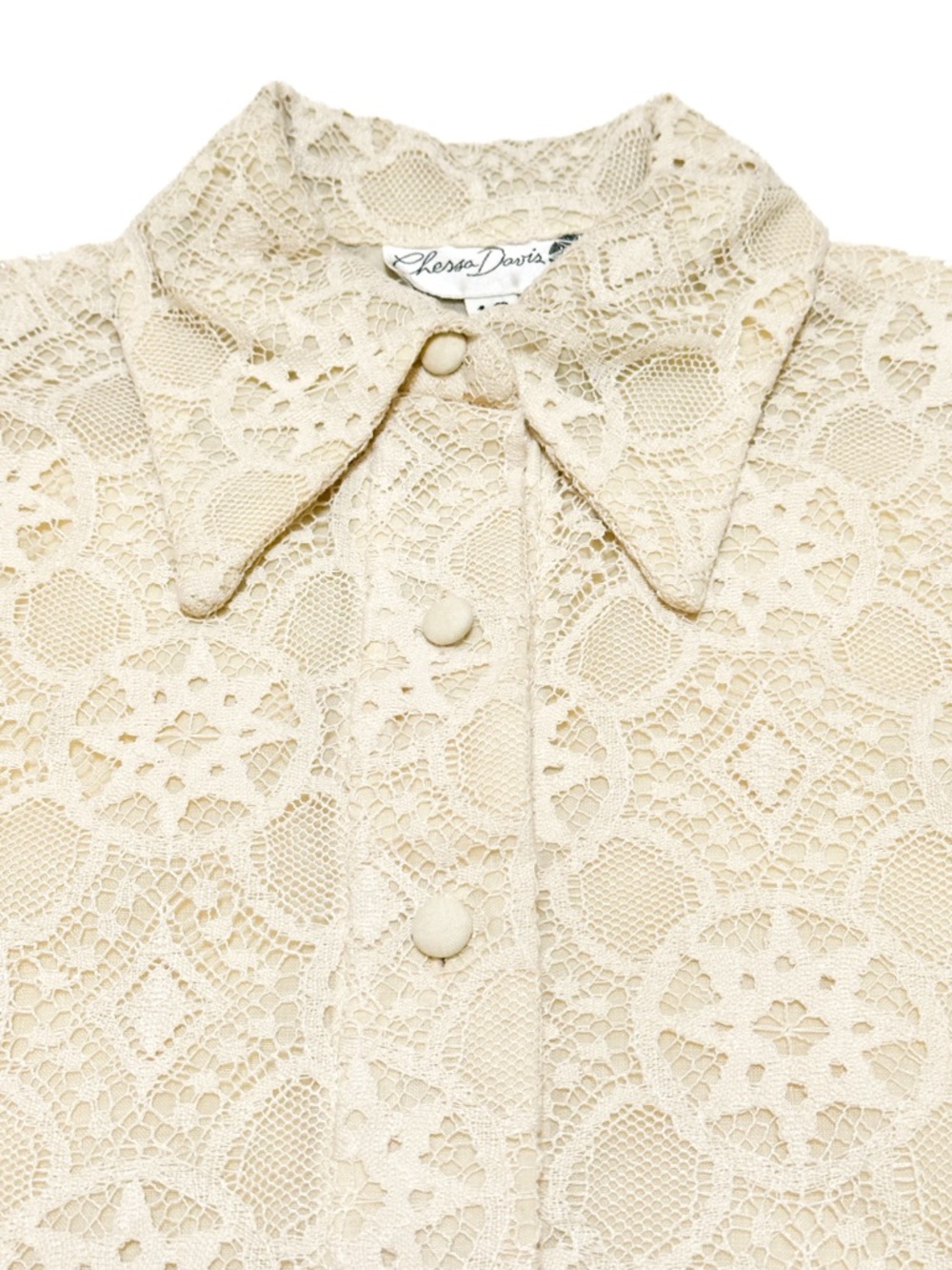 Vintage 60s 70s Chessa Davis Ivory Crochet Lace Button Up Shirt Long Sleeve Top